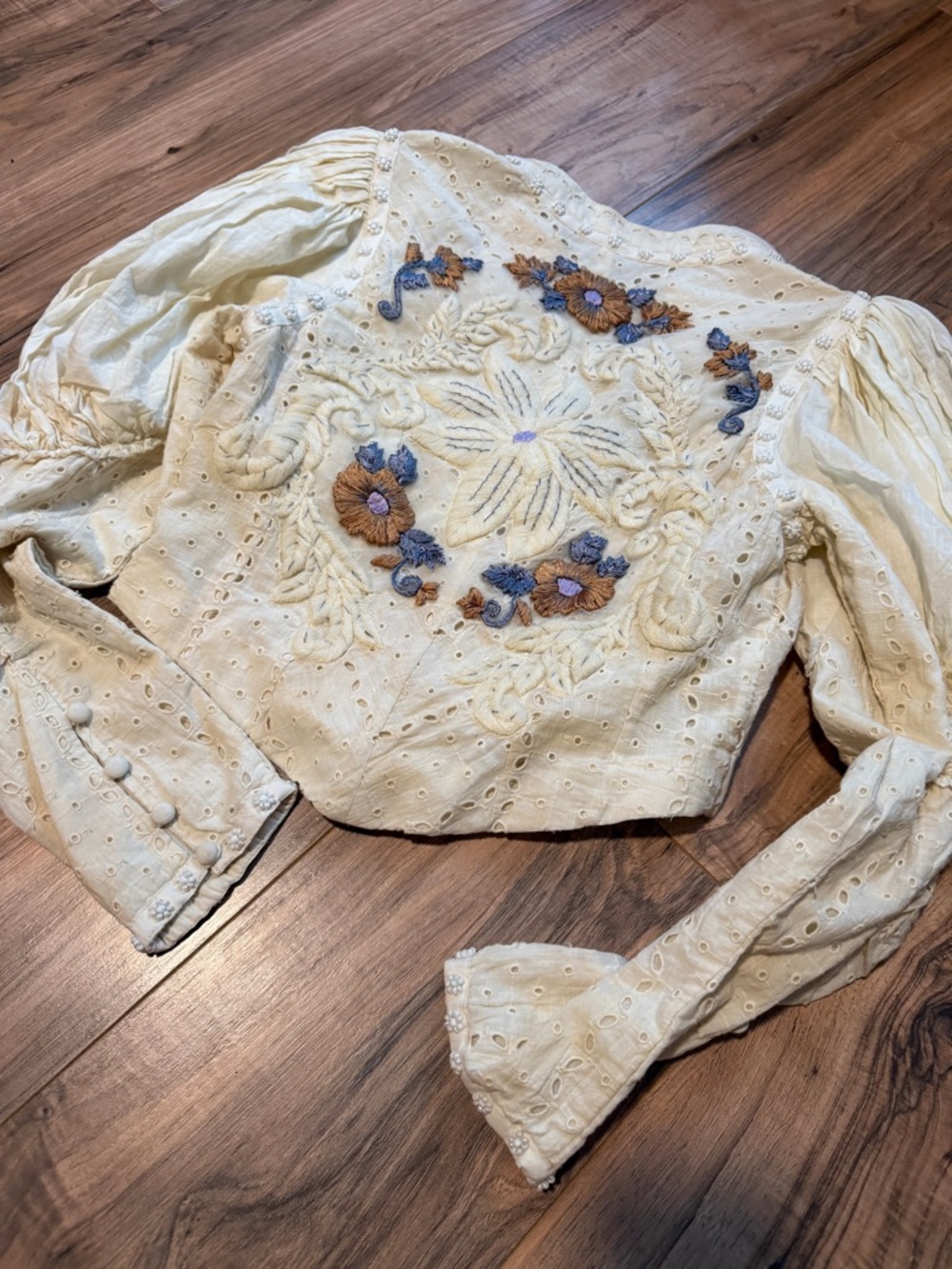 Free People Cream Eyelet Embroidered Puff Sleeve Top